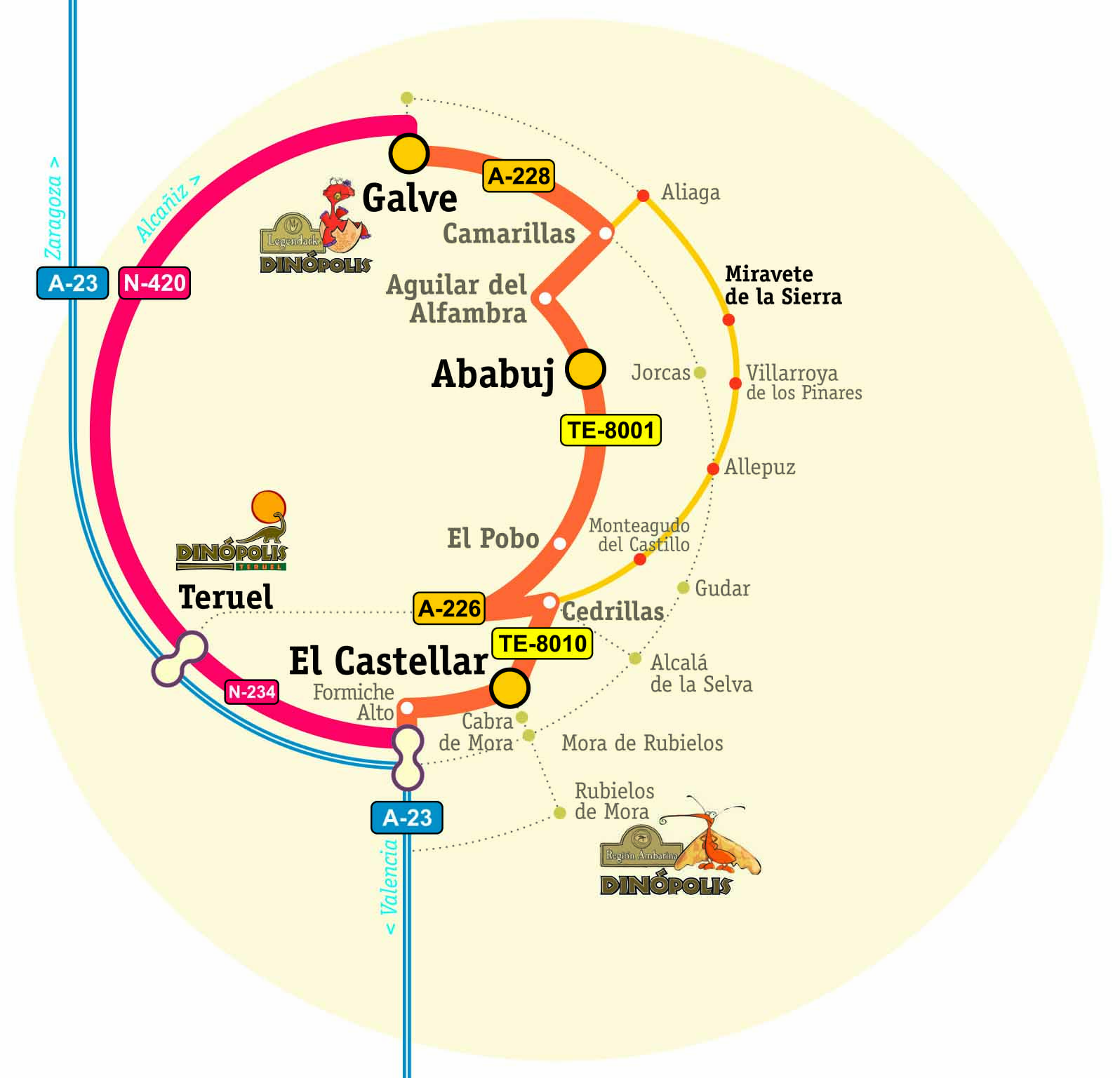 Mapa con los recorridos de La Carretera de las Huellas de Dinosaurio en Teruel. Foto: Fundación Dinópolis