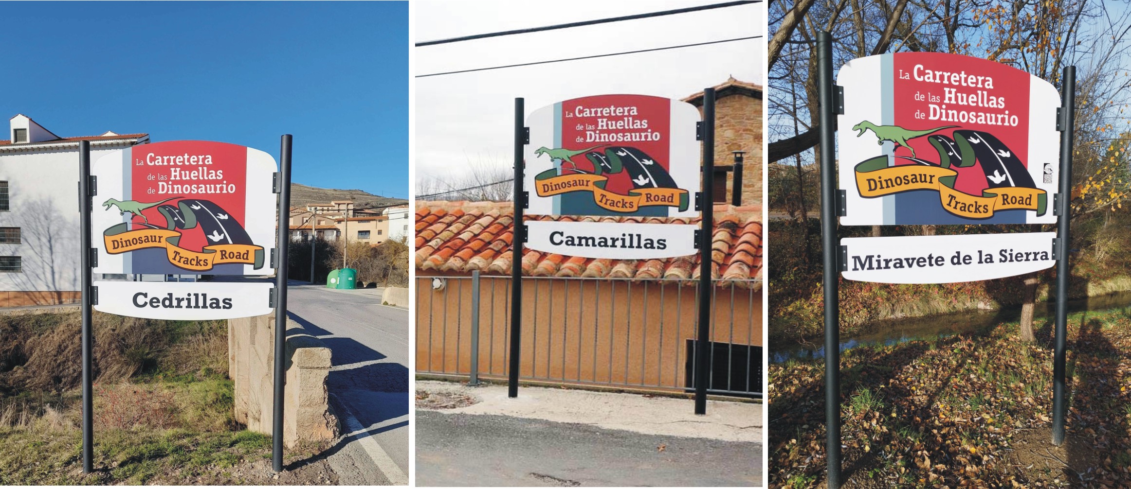 Algunas de las nuevas señales instaladas en 2022 en los municipios por los que pasa La Carretera de las Huellas de Dinosaurio en Teruel. Foto: Fundación Dinólpolis