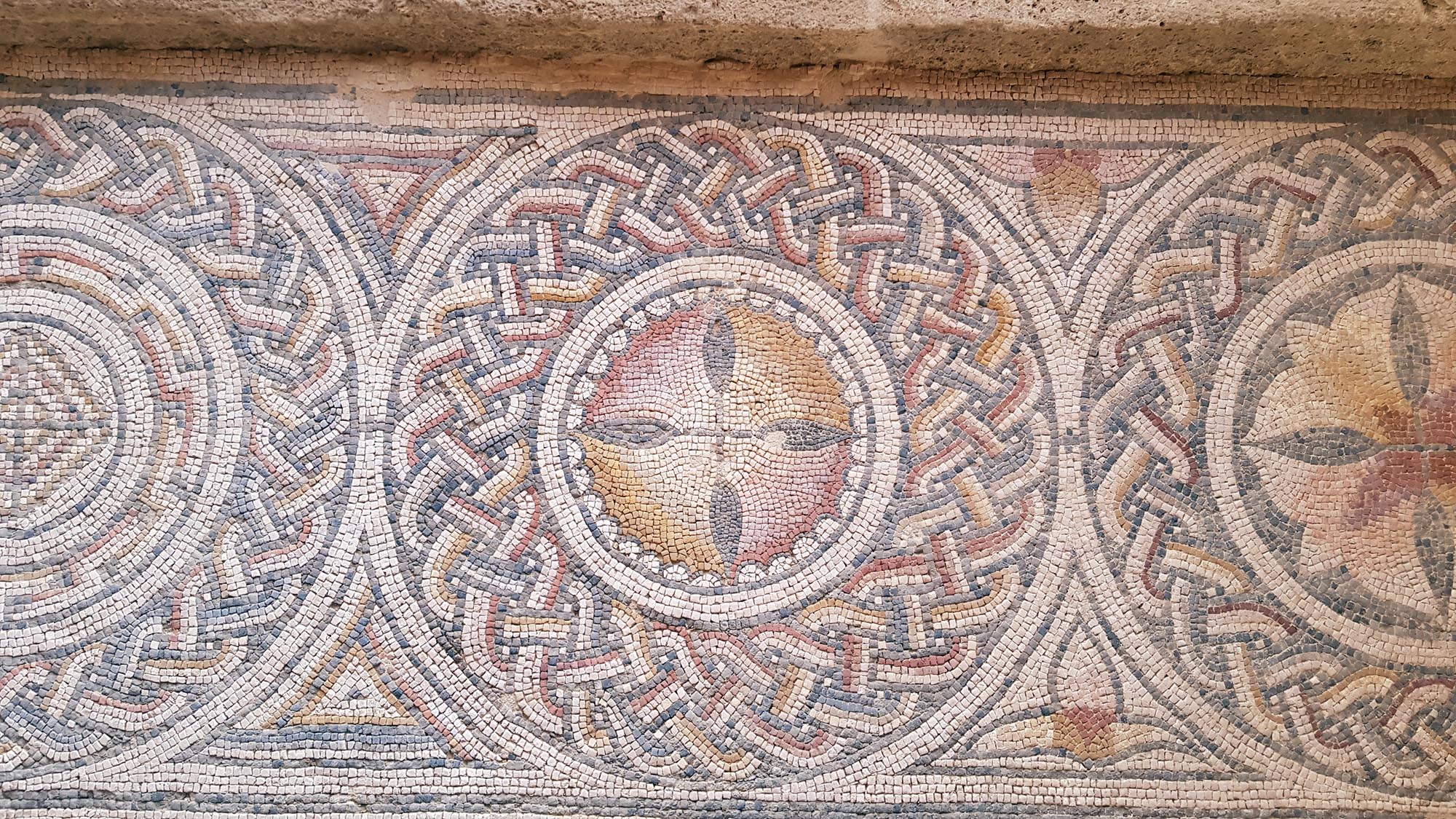 Detalle de uno de los mosaicos restaurados en el yacimiento de La Malena, en Azuara. Detalle de un mosaico restaurado en el yacimiento de La Malena, en Azuara